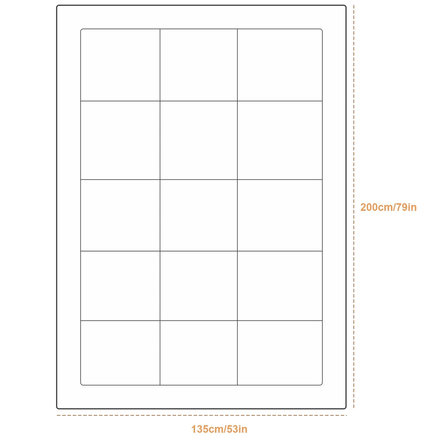 Sheet of white labels with grid pattern and dimensions on a white background