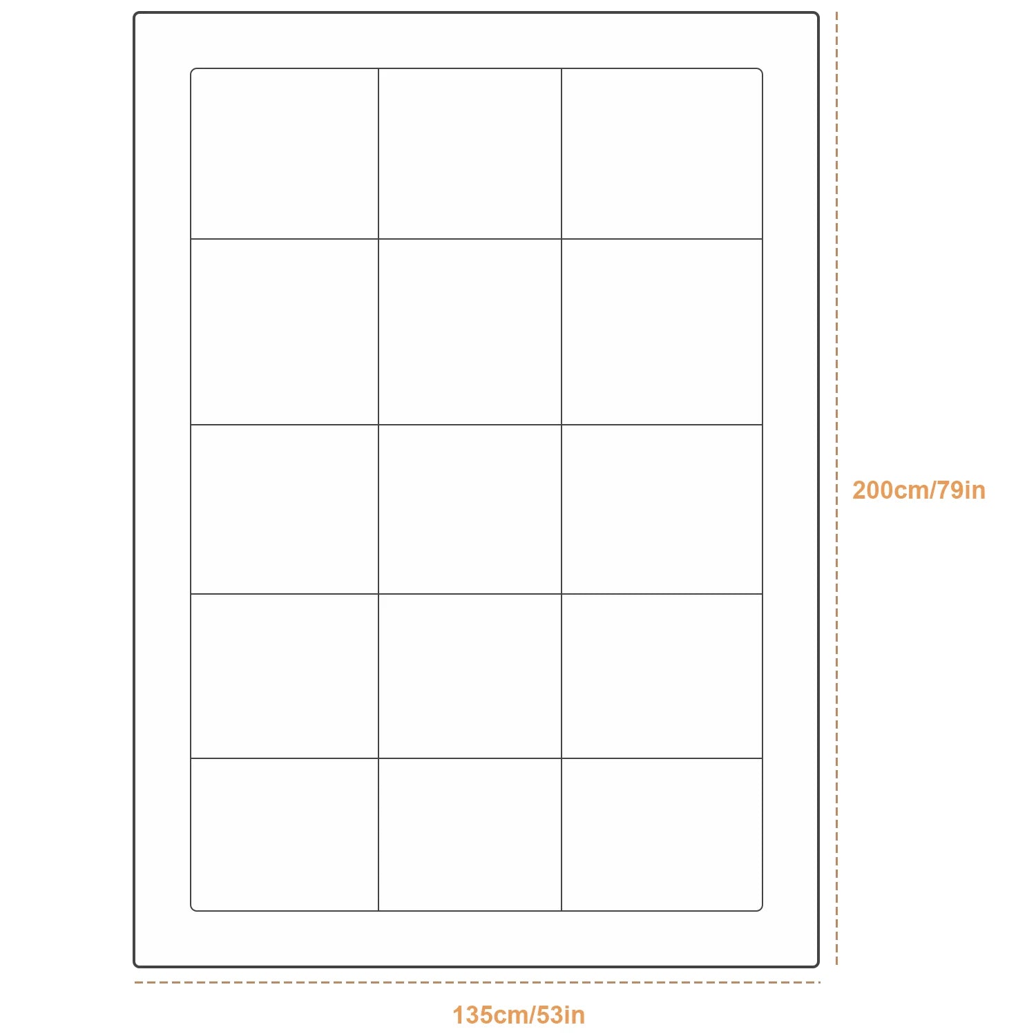 Sheet of white labels with grid pattern and dimensions on a white background