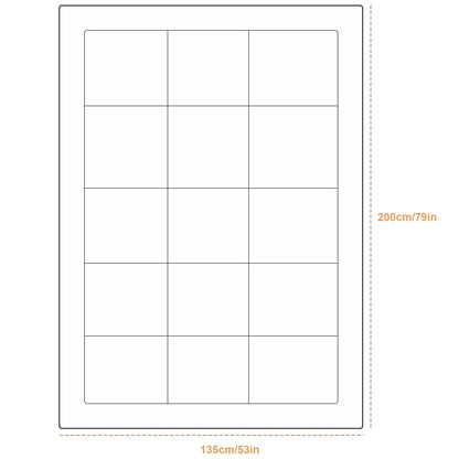 Sheet of white labels with grid pattern and dimensions on a white background