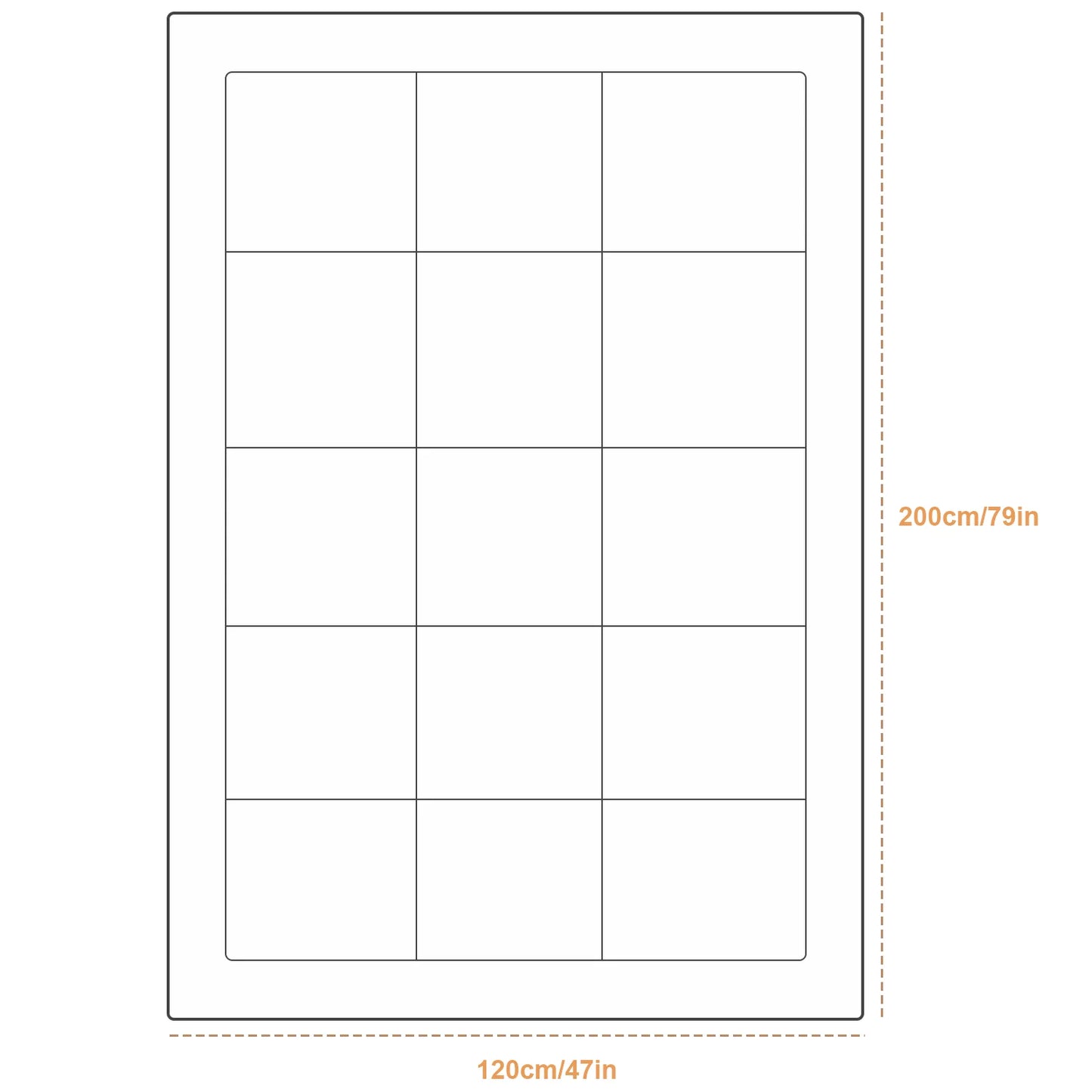 Sheet of labels with grid pattern and dimensions on a white background