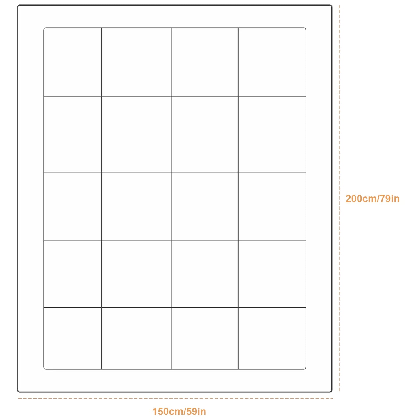 Sheet of white labels with grid pattern and dimensions on a white background