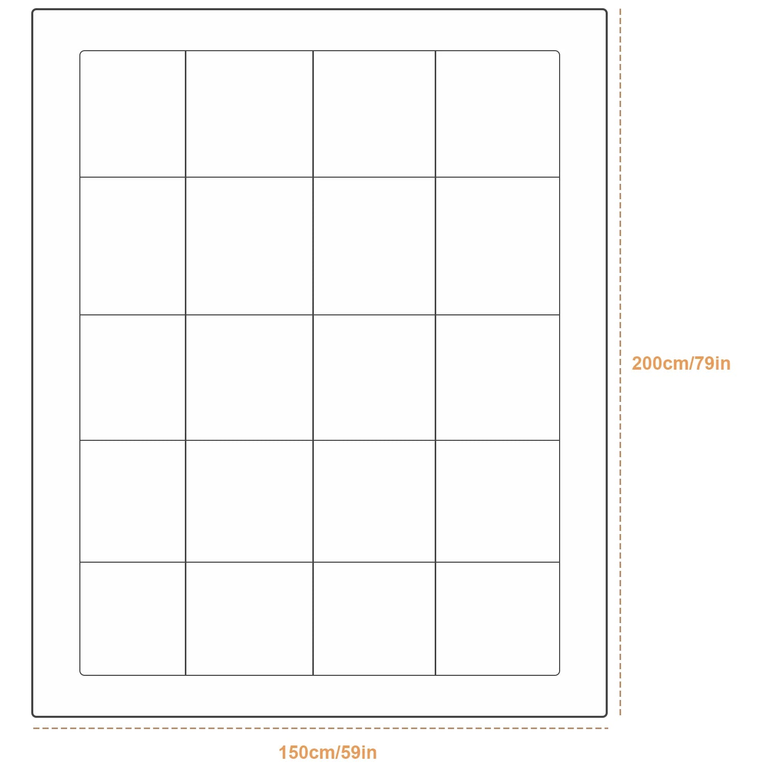 Sheet of white labels with grid pattern and dimensions on a white background