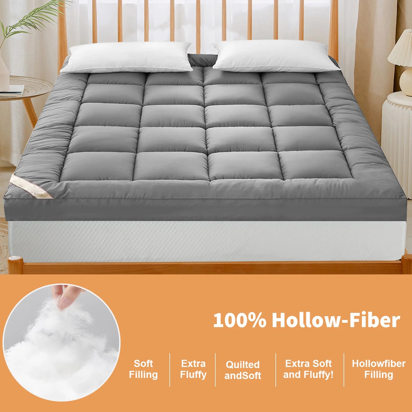 Gray quilted mattress topper on a bed with text highlighting features and fiber type.
