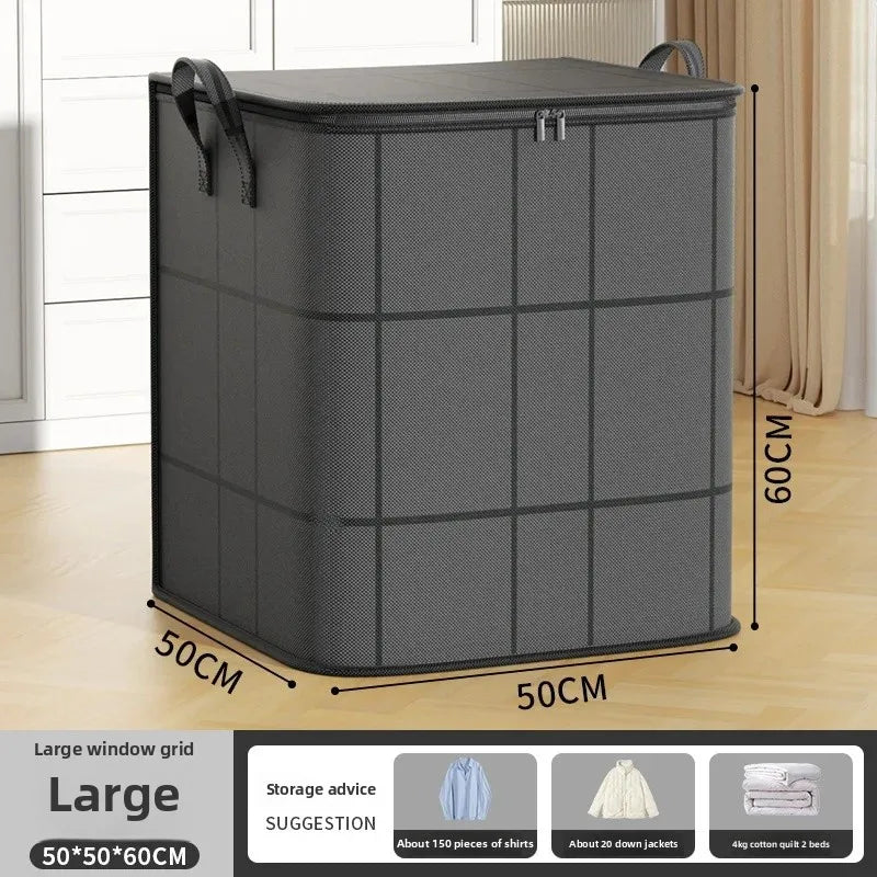 Gray laundry basket with dimensions on a wooden floor