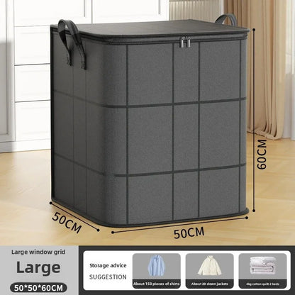 Gray laundry basket with dimensions on a wooden floor