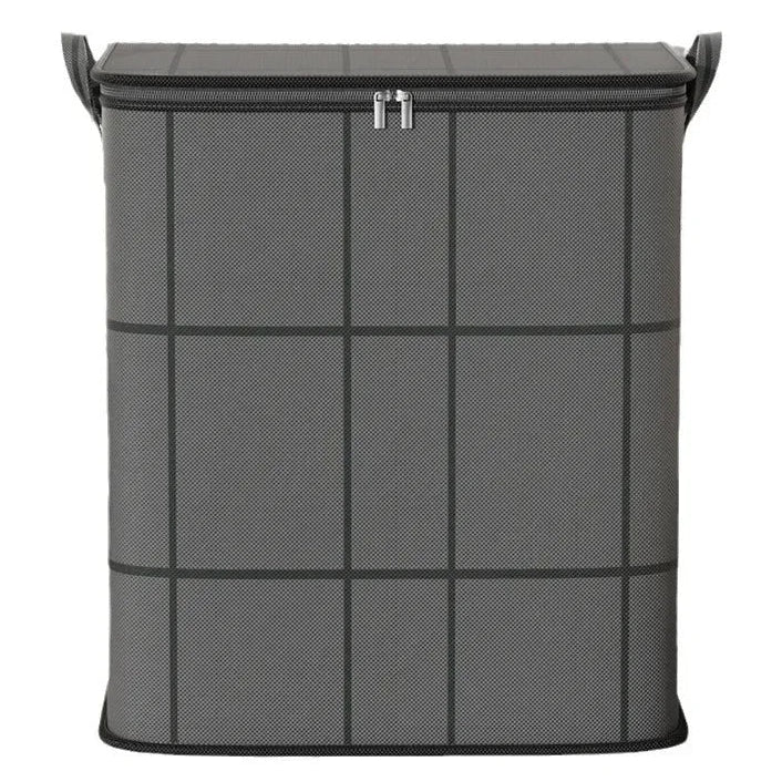 Gray laundry basket with a lid on a white background