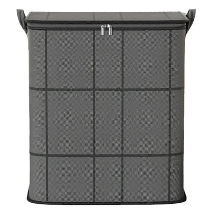 Gray laundry basket with a lid on a white background