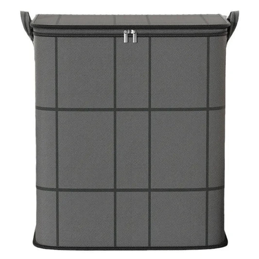 Gray laundry basket with a lid on a white background