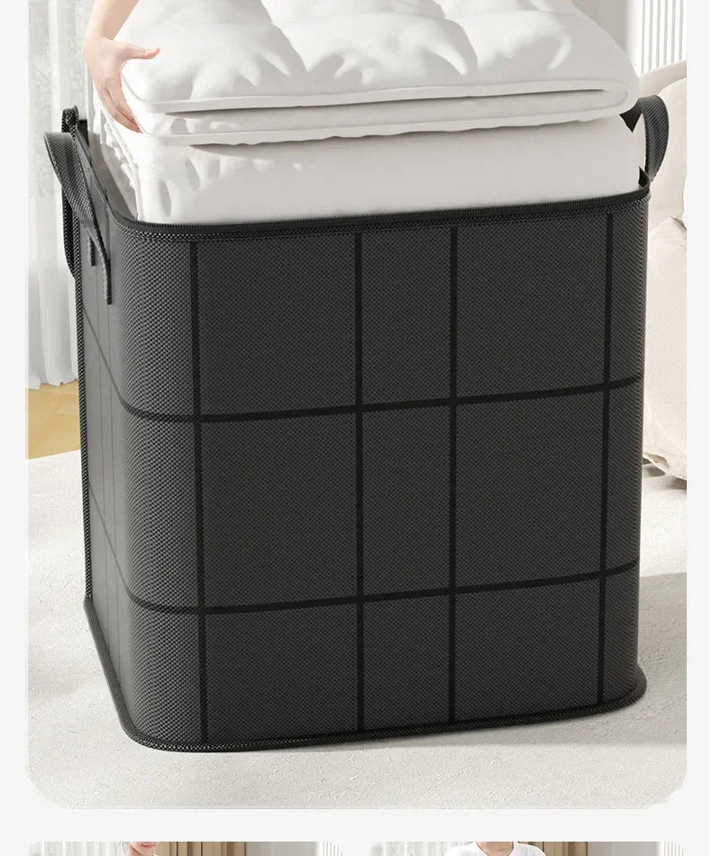 Black woven storage basket on a white surface