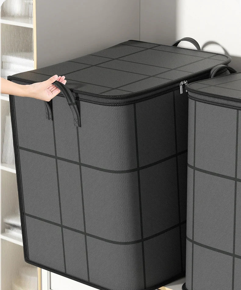 Black laundry basket with a grid pattern on a neutral background