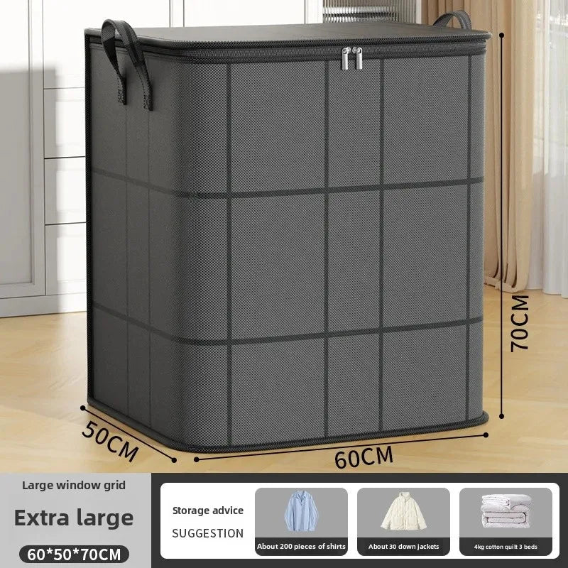 Gray laundry basket with dimensions on a wooden floor