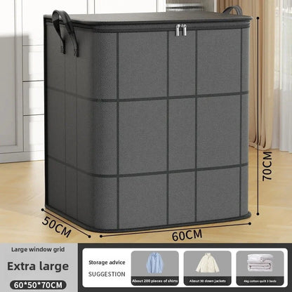 Gray laundry basket with dimensions on a wooden floor