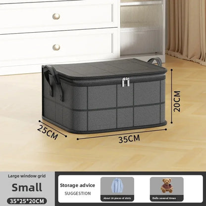Gray storage box with dimensions on a wooden floor