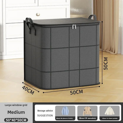 Gray laundry basket with dimensions on a wooden floor