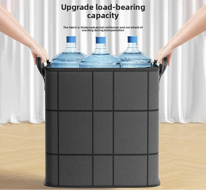 Black storage bag holding three water bottles with text about upgrade load-bearing capacity.