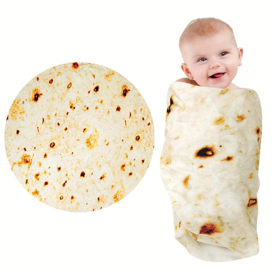 Baby wrapped in a tortilla with a close-up of a tortilla on a white background