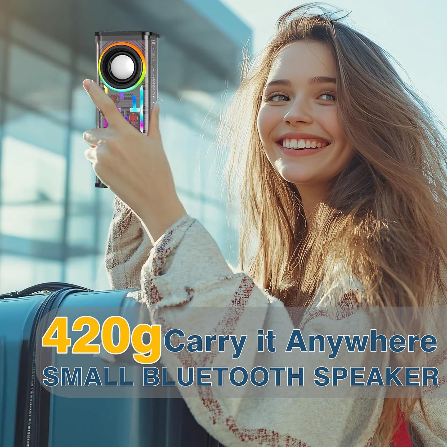 Woman holding a small Bluetooth speaker with text '420g Carry it Anywhere SMALL BLUETOOTH SPEAKER'.