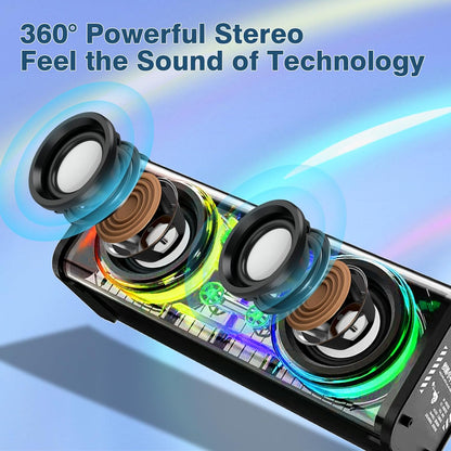 Phone case with 360-degree stereo speakers on a blue background