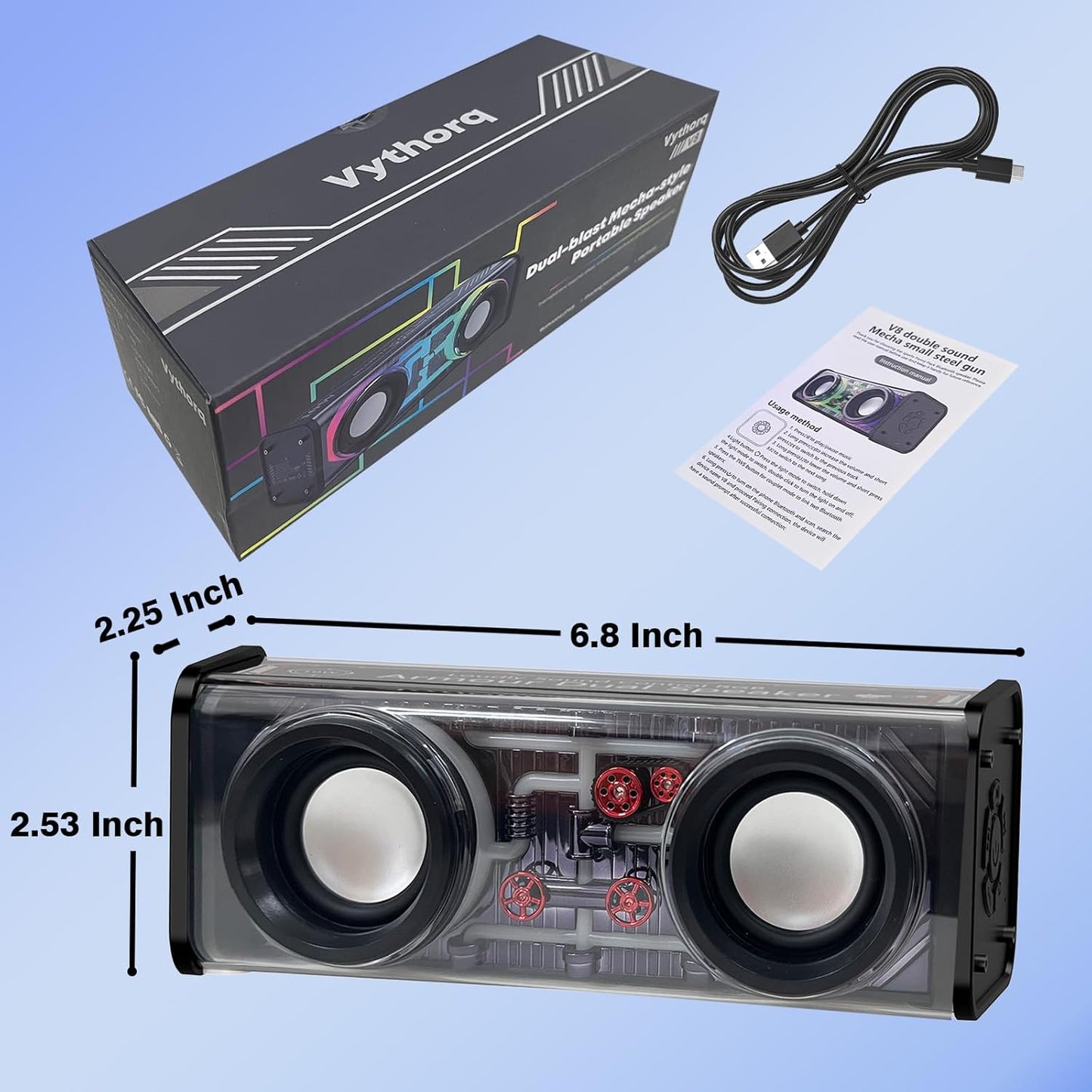 Vythora speaker with packaging, cable, and manual on a blue background