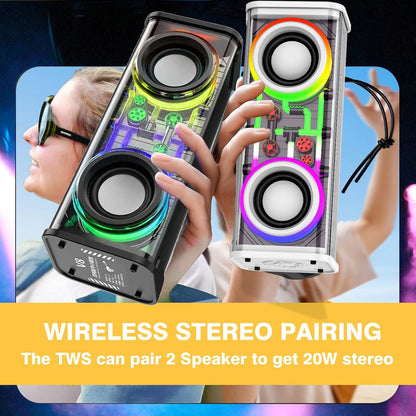 Wireless stereo speakers with colorful lighting effects, held by a person wearing glasses.