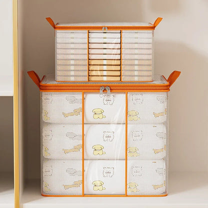 Stack of fabric storage boxes with orange handles on a beige background