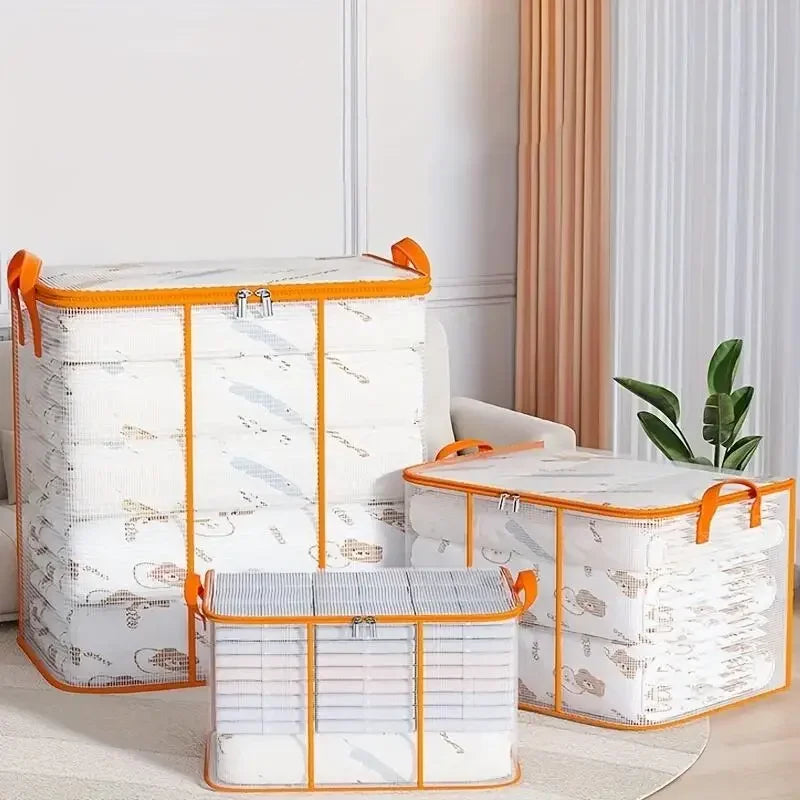 Set of three storage bags with orange handles and edges on a light background
