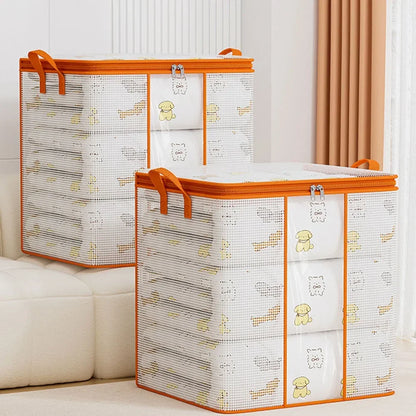 Set of two laundry baskets with cartoon designs on a light background