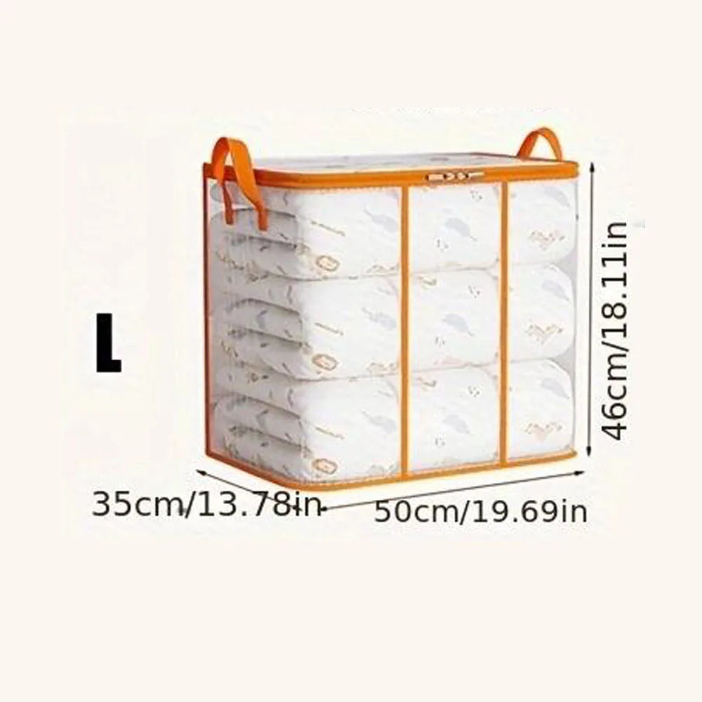 Storage bag with orange handles and dimensions labeled on a white background