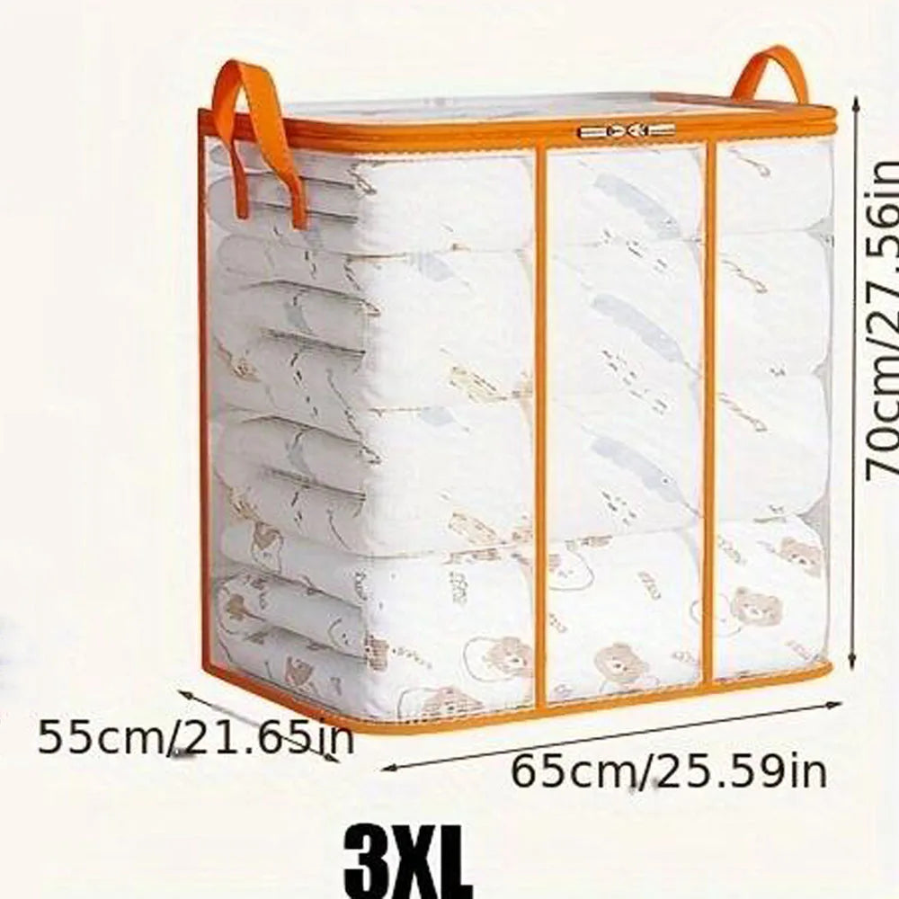 Foldable laundry basket with orange handles and dimensions displayed