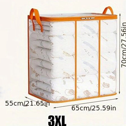 Foldable laundry basket with orange handles and dimensions displayed