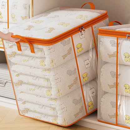 Large storage bag with orange trim and cartoon bear pattern on a wooden floor.