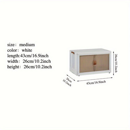 Small white cabinet with wooden doors and dimensions on a white background