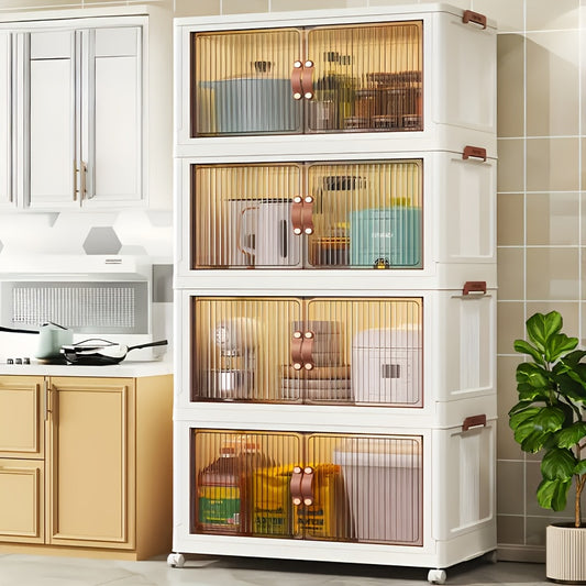 Stackable storage units with transparent doors in a kitchen setting