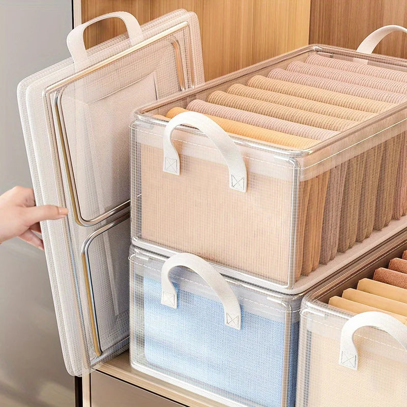 Stackable storage bins with handles on a wooden shelf.