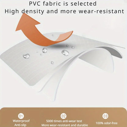 PVC fabric with water droplets and text highlighting its properties on a white background.