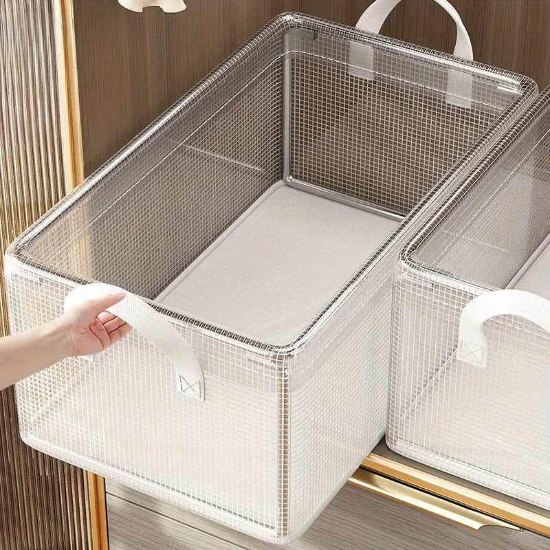 Rectangular mesh storage basket with a handle on a wooden surface