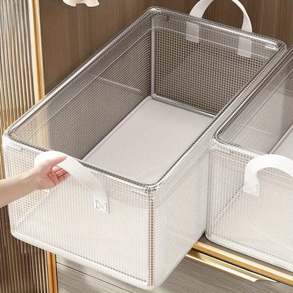 Rectangular mesh storage basket with a handle on a wooden surface