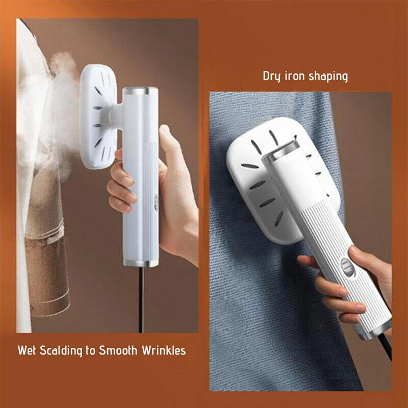 Handheld steamer being used on fabric with text indicating 'Dry iron shaping' and 'Wet scalding to smooth wrinkles'.