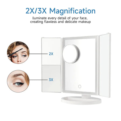 Makeup mirror with 2X/3X magnification features on a white background