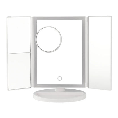 White trifold makeup mirror with a round mirror on a white background