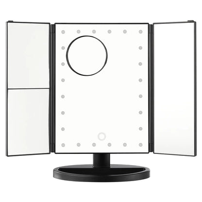 Tri-fold makeup mirror with LED lights on a white background