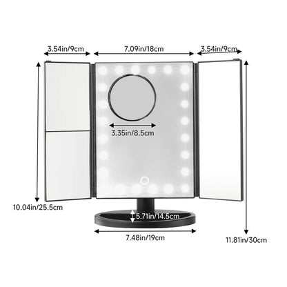 Measurement chart of a makeup mirror with LED lights on a white background
