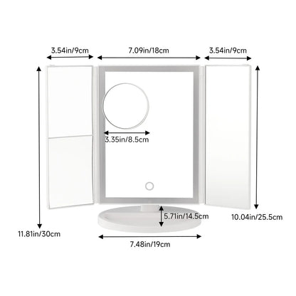 Measurement chart of a round object with dimensions labeled in inches and centimeters.