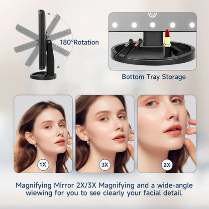 Makeup mirror with magnifying and wide-angle viewing features, showing a woman's face at different magnifications.