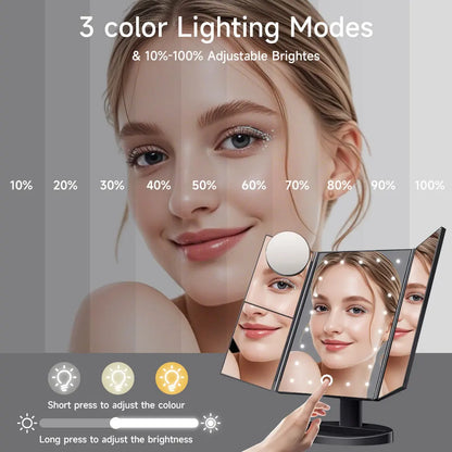 Lighted makeup mirror with adjustable lighting modes and brightness levels.