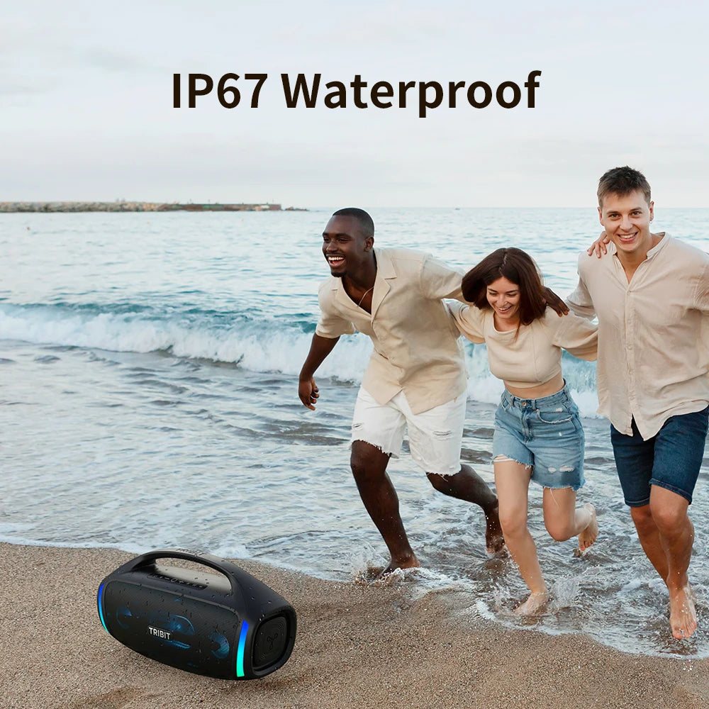 Three people playing in the water with a waterproof speaker on the sand, labeled 'IP67 Waterproof'.