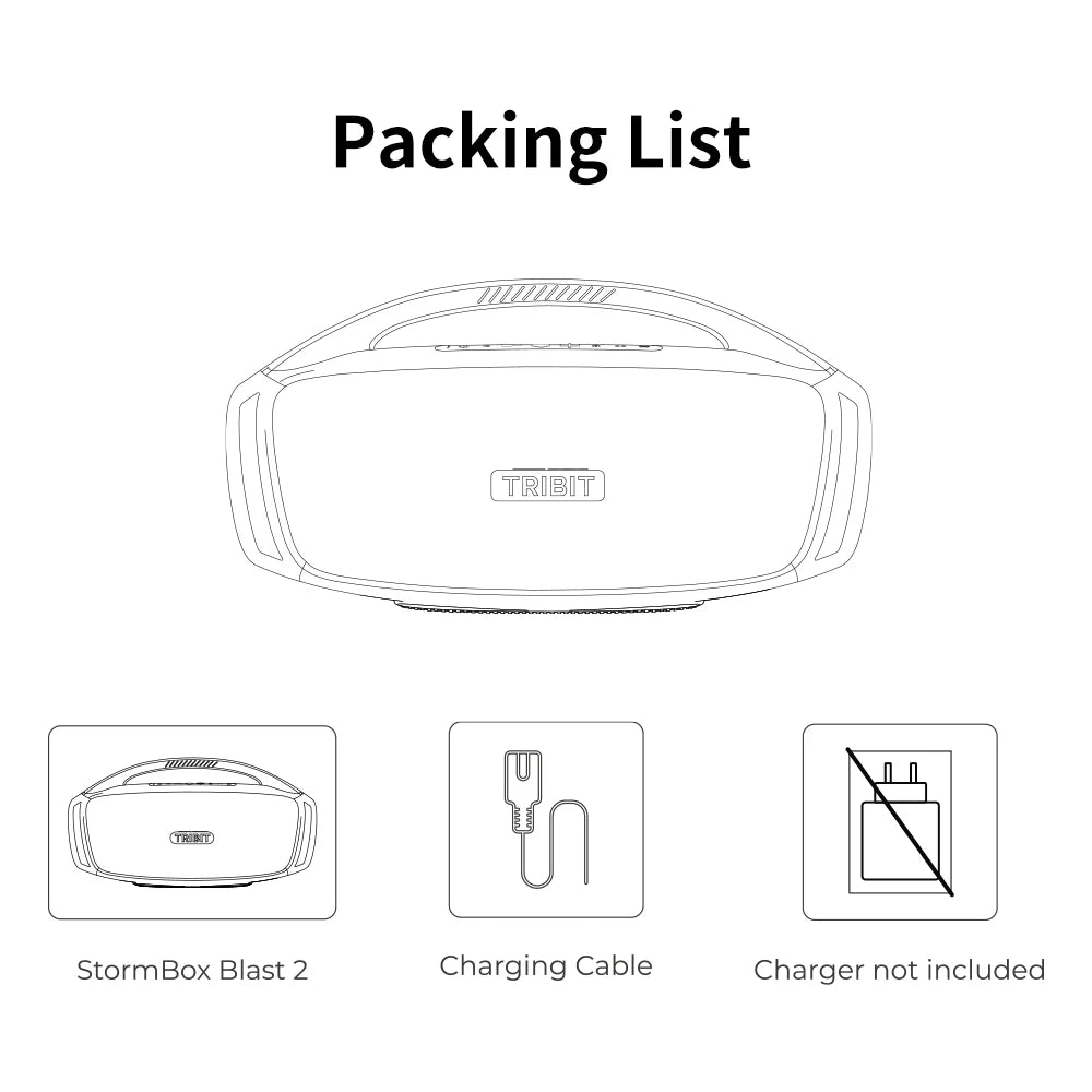 Packing list diagram for a product with 'TRIBIT' branding, showing StormBox Blast 2, charging cable, and note that charger is not included.