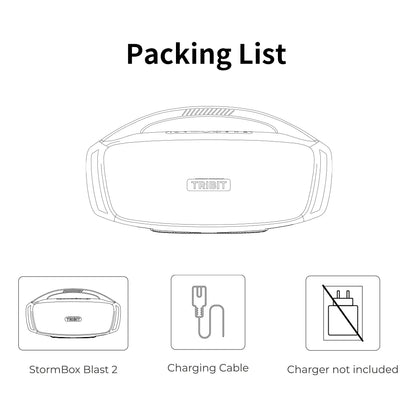 Packing list diagram for a product with 'TRIBIT' branding, showing StormBox Blast 2, charging cable, and note that charger is not included.