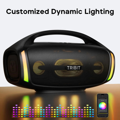 Black Tribit speaker with colorful dynamic lighting effects on a reflective surface.