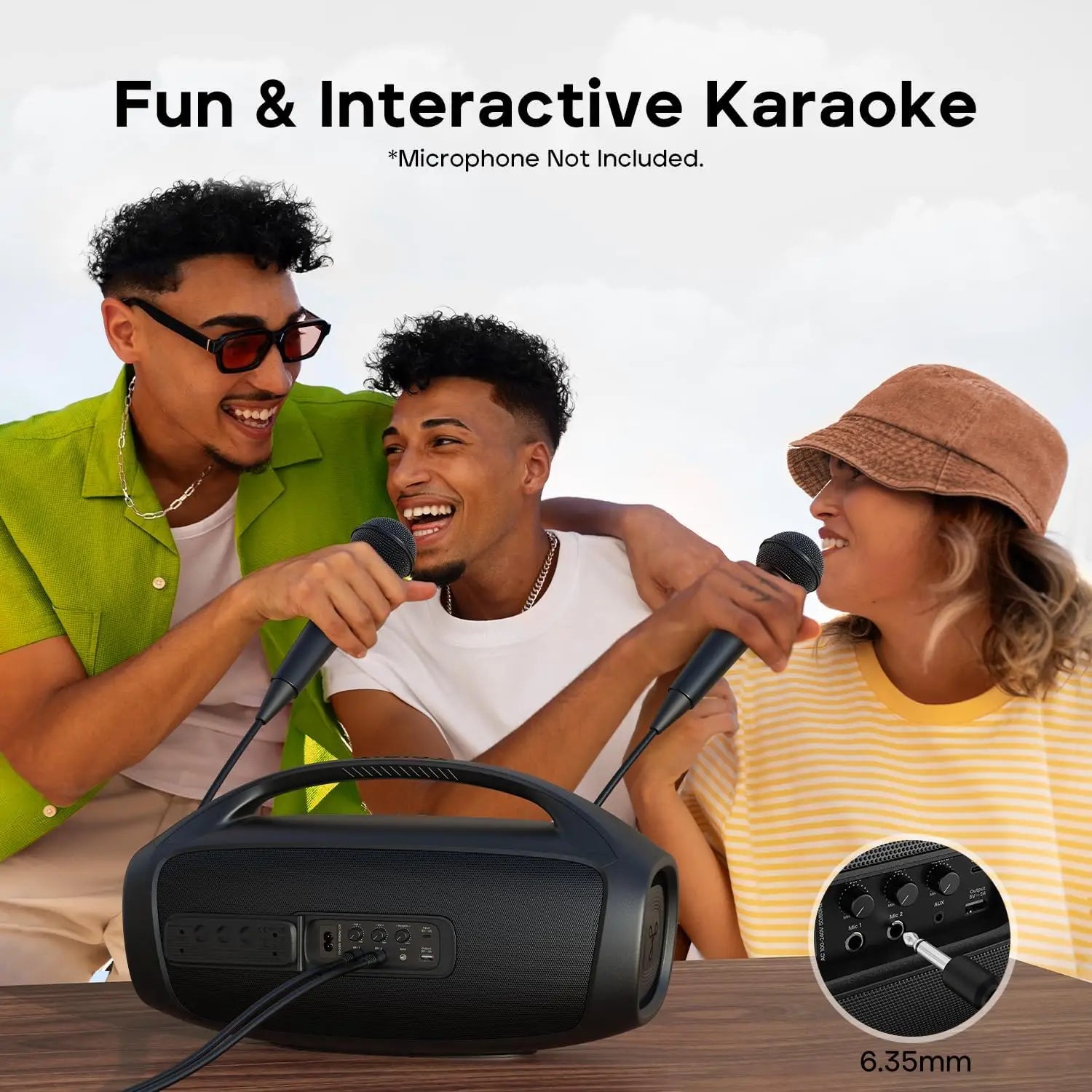 Three people with microphones and a karaoke machine, with text 'Fun & Interactive Karaoke' and 'Microphone Not Included'.